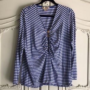 🌠Donated 1/2026 Plus Size 1X stretchy stripe top blouse blue white gold hardware